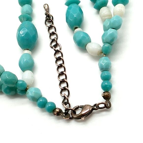 Triple Strand Faux Turquoise (Dyed Howlite) & White Beaded Necklace - Picture 8 of 12